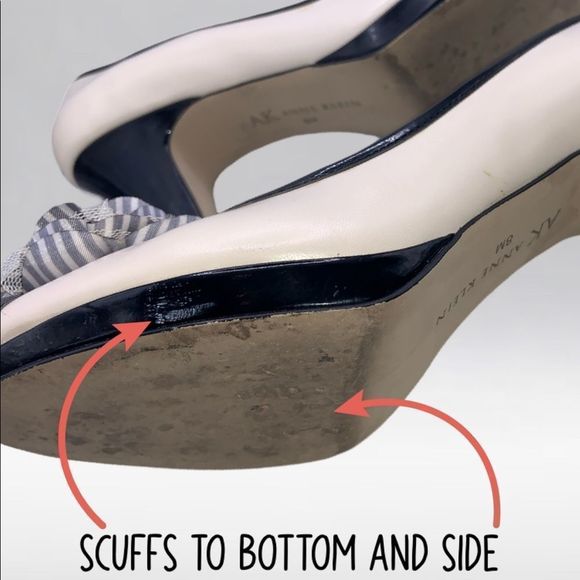 ANNE KLEIN HEELS | 3” HEEL | CREAM WITH BLACK & WHITE PINSTRIPE FLOWER | 8 - Picture 6 of 6